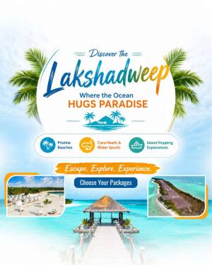 A travel advertisement for Lakshadweep islands featuring palm trees, a tropical pier, and ocean views