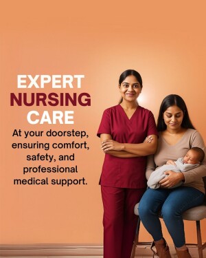 Two nurses with a mother and baby, promoting expert nursing care services.
