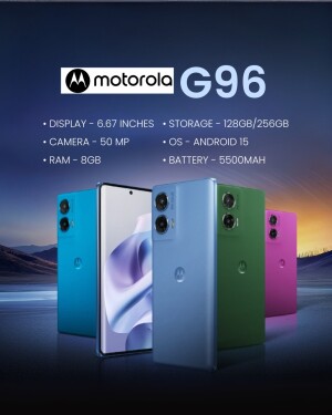 Motorola G96 smartphone in multiple colors with specifications