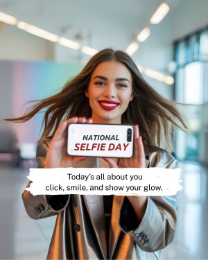 Woman holding a phone with 'National Selfie Day' displayed on the screen