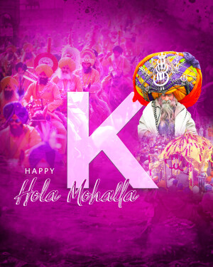 Image depicting a Sikh man in traditional attire with a large turban and the letter 'K' overlaid, celebrating Hola Mohalla.