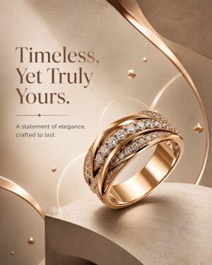 A luxurious rose gold diamond ring displayed on an elegant beige pedestal with a minimalist design background.