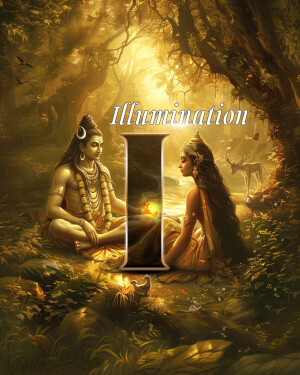 Lord Shiva and Goddess Parvati meditating in a forest with a glowing 'I' symbol.