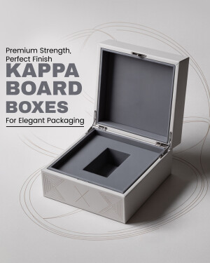 Open white Kappa board box with gray interior, showcasing elegant packaging.