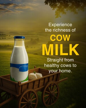 A bottle of cow milk in a wooden cart with a rural landscape background.
