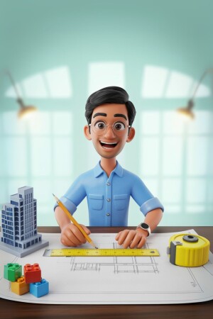 Cartoon illustration of a young architect working on blueprints.