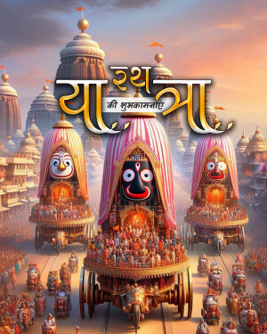 Colorful depiction of the Rath Yatra procession with chariots and devotees.