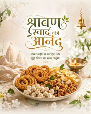 A festive promotional banner for Shravan featuring a bowl of traditional Indian snacks including chakli, makhana, and mixture, with a temple and diya in the background.