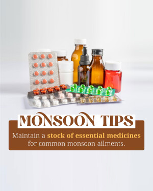 Assorted medicines and pills with a monsoon tips banner
