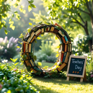 A wreath made of books with a Teachers' Day sign in a garden