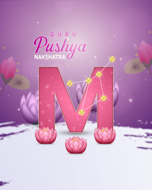 Letter M with lotus flowers and constellation design for Pushya Nakshatra