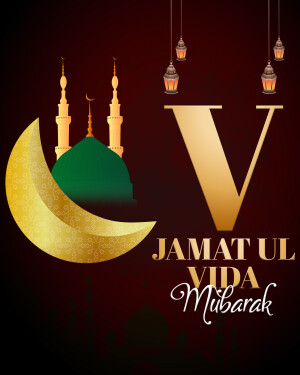 Islamic greeting card for Jamatul Vida Mubarak with mosque and crescent moon