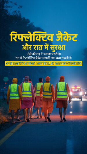 Group of people wearing reflective vests walking on a road at night.
