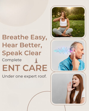 Advertisement for ENT care services featuring a woman meditating, a man with a hearing aid, and a woman speaking.