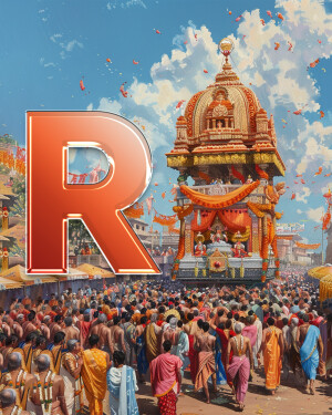 Illustration of a Rath Yatra chariot procession with a large 'R' overlay
