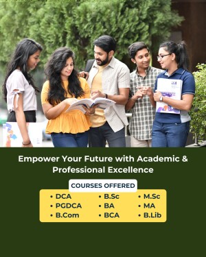 Group of students discussing studies with course offerings listed below.