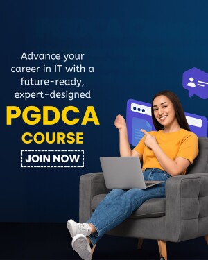 Woman pointing at a laptop screen promoting a PGDCA course