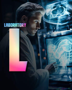 Scientist looking at a brain scan on a computer with a large letter L in the foreground.