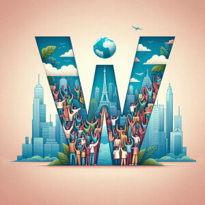 Illustration of the letter 'W' filled with scenes of global landmarks and diverse people.