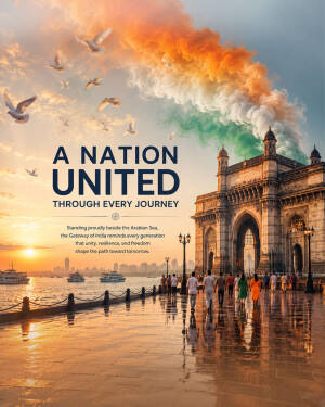 Gateway of India monument with Indian flag-colored smoke trails and flying birds at sunset