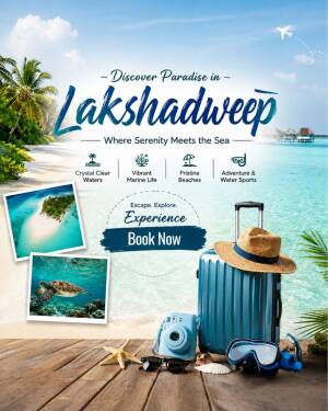 Travel advertisement for Lakshadweep vacation with beach scenery, travel luggage, and snorkeling gear