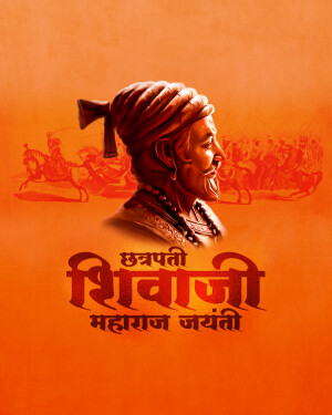 Portrait of Chhatrapati Shivaji Maharaj with a battlefield scene in the background and text 'Shivaji Maharaj Jayanti'