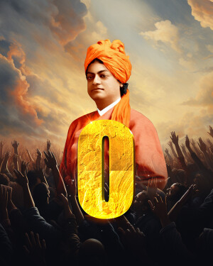 Portrait of Swami Vivekananda with a golden zero in front of him against a crowd background.
