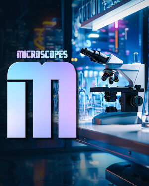 A digital illustration featuring a microscope in a laboratory setting with the word 'Microscopes' prominently displayed.
