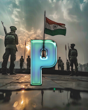 Indian flag waving with soldiers and a glowing 'P' letter in the foreground.