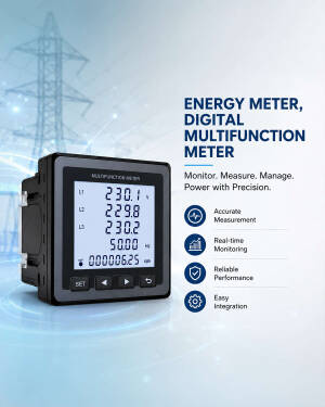 A high-precision digital multifunction energy meter displaying voltage, frequency, and consumption data with power infrastructure in the background.