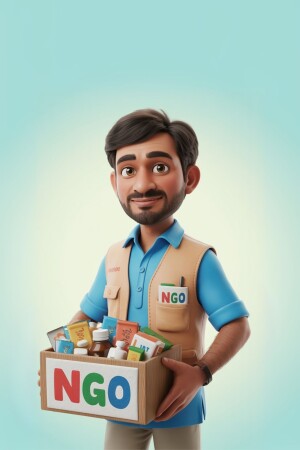 Cartoon illustration of a man holding a box of supplies labeled 'NGO'