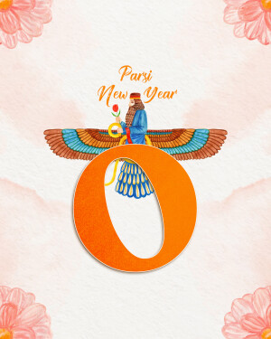 Illustration of a Parsi New Year greeting with a figure holding a flower and a large '0' symbol.