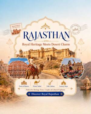 A travel poster showcasing the royal heritage and desert beauty of Rajasthan, India featuring the Amber Fort and cultural elements.