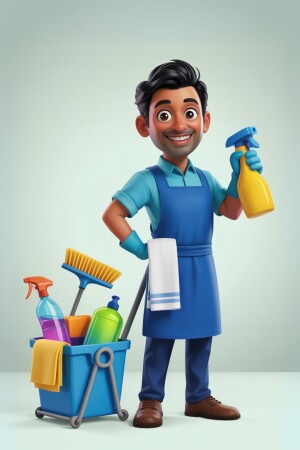 Cartoon illustration of a smiling male cleaner with cleaning supplies