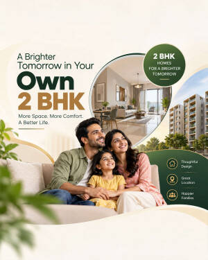 Happy family sitting on a sofa with 2 BHK apartment advertisement in background