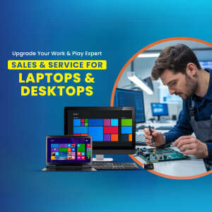 Man repairing a laptop with text advertising sales and service for laptops and desktops