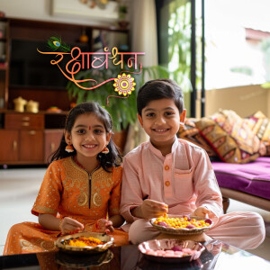 Two children celebrating Raksha Bandhan with sweets and decorations.