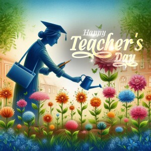 Illustration of a teacher watering flowers shaped like a graduation cap, celebrating Teacher's Day.