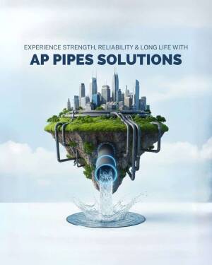 A floating island with a city and pipes dripping water, representing AP Pipes Solutions.