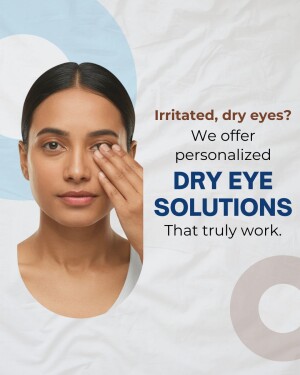 Woman touching her eye with text promoting dry eye solutions.