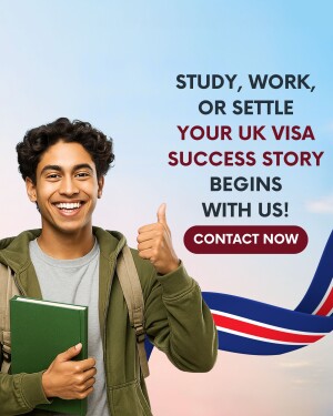 Young man with backpack giving a thumbs up with UK visa information