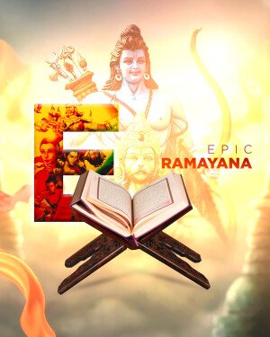 Poster depicting the Epic Ramayana with Lord Rama, Hanuman, and scenes from the story.