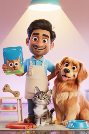 Cartoon illustration of a man with a dog and cat, holding a package of pet food.