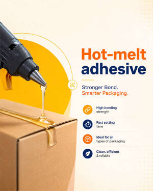 Hot glue gun applying adhesive to a cardboard box for industrial packaging