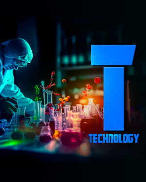 Scientist working in a laboratory with colorful chemical reactions and a technology graphic.