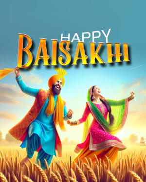A joyful Baisakhi image featuring a couple celebrating in a wheat field.