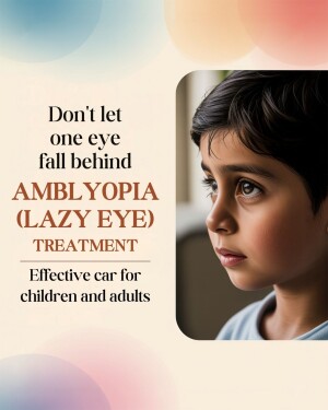Image promoting treatment for amblyopia, also known as lazy eye, featuring a young boy looking thoughtfully.