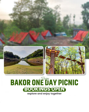 Promotional image for a one-day picnic at Bakor, featuring camping tents, a lake, and a treetop adventure course.