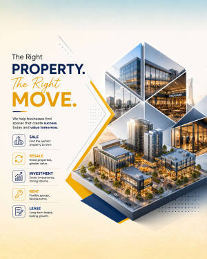 Commercial property business services advertisement featuring modern office buildings and investment icons