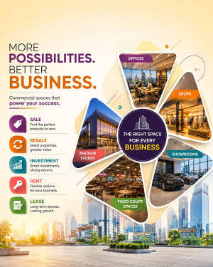 Commercial property advertisement featuring various business spaces like offices, shops, and showrooms.